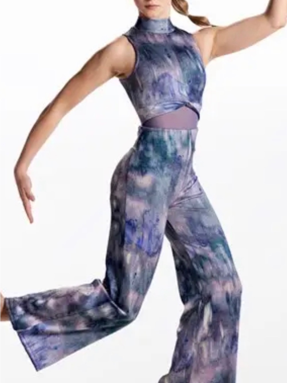 Sleeveless High-Neck Tie-Dye Wide Leg Jumpsuit - Purple